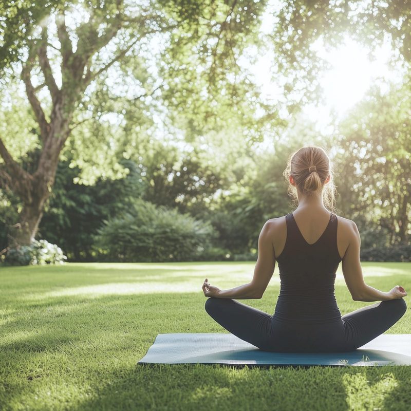 woman, yoga, meditation, nature, outdoors, relaxation, breathing, sunshine, light, garden, park, pose, sportswear, yoga mat, morning, natural light, health, fitness, stretch, relax, sunlight filtering through trees